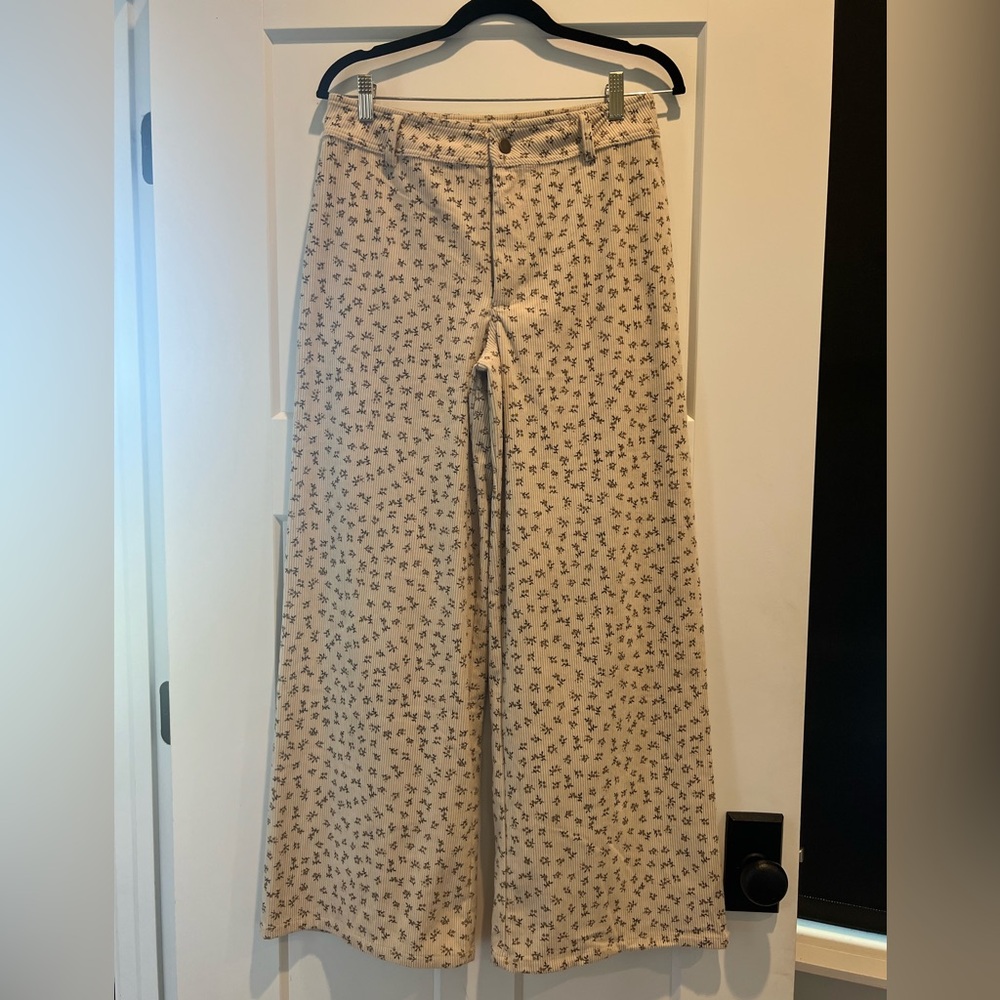 Cream Wide-Leg Floral Print Pants